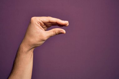 İzole edilmiş mor arka plan üzerinde parmaklarını gösteren beyaz bir adamın eli. Görünmez bir şeyi alıyor, parmakları boşluğu gösteren bir nesneyi tutuyor.