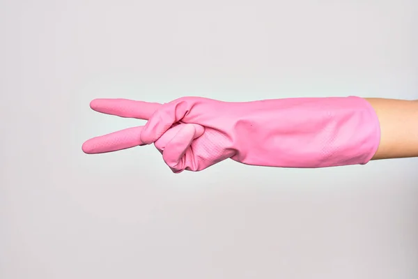 Hand Caucasian Young Woman Wearing Pink Cleaning Glove Isolated White — Stock Photo, Image