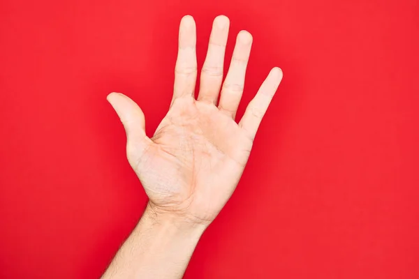 Mano Joven Caucásico Mostrando Dedos Sobre Fondo Rojo Aislado Contando —  Fotos de Stock