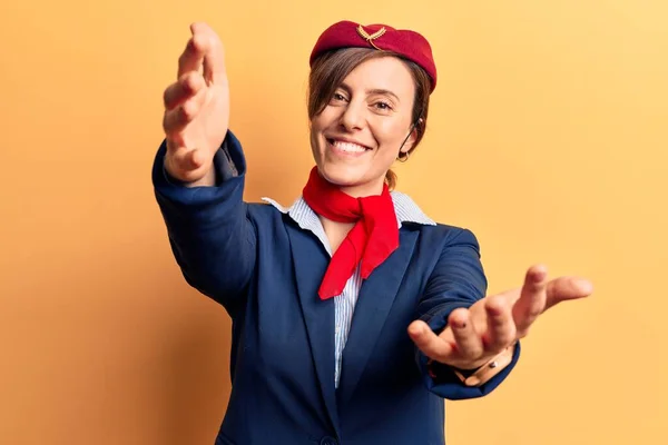 Young Beautiful Woman Wearing Stewardess Uniform Looking Camera Smiling Open — Stock Photo, Image