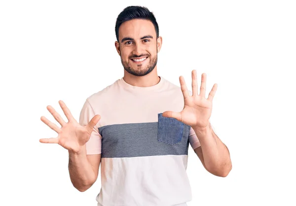 Young Handsome Man Wearing Casual Clothes Showing Pointing Fingers Number — Stock Photo, Image