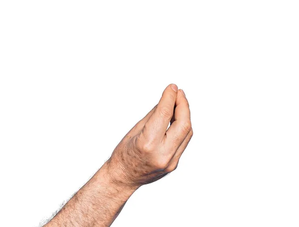 孤立した白い背景の上に白人の中年男性の手は一緒に指でイタリアのジェスチャーを行います コミュニケーションジェスチャーの動き — ストック写真