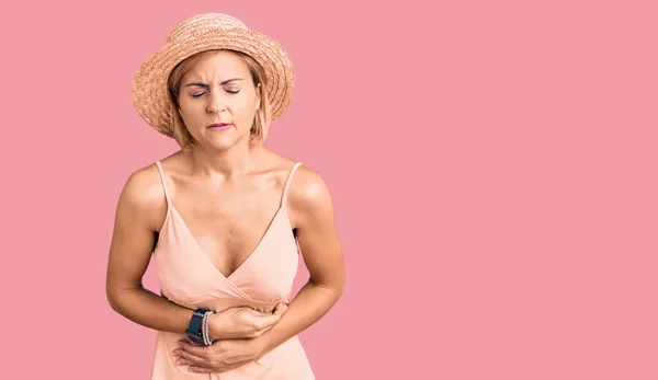 Young Blonde Woman Wearing Summer Hat Hand Stomach Because Indigestion — Stock Photo, Image