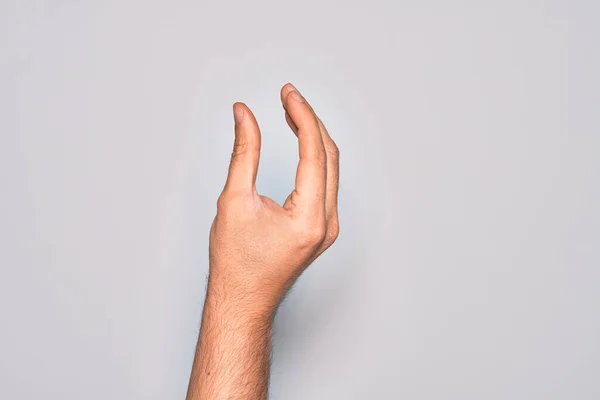 Mão Jovem Caucasiano Mostrando Dedos Sobre Fundo Branco Isolado Pegando — Fotografia de Stock