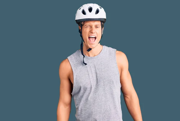 Young Handsome Man Wearing Bike Helmet Winking Looking Camera Sexy — Stock Photo, Image