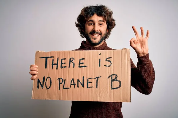 Young Handsome Man Beard Asking Environment Holding Banner Earth Message — Stock Photo, Image