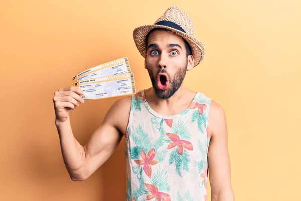 Young Handsome Man Beard Wearing Summer Hat Holding Airline Boarding — Stock Photo, Image