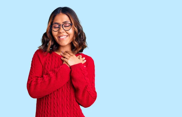 Young Beautiful Mixed Race Woman Wearing Red Sweater Glasses Smiling — Stock Photo, Image