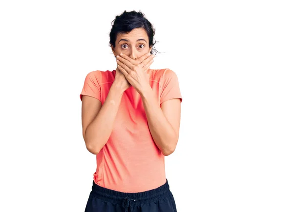 Young Beautiful Hispanic Woman Wearing Sportswear Shocked Covering Mouth Hands — Stock Photo, Image
