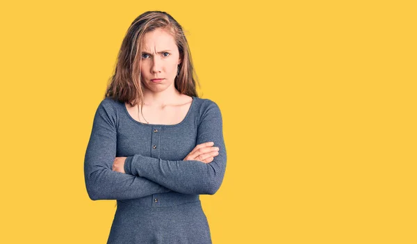 Young Beautiful Blonde Woman Wearing Casual Dress Skeptic Nervous Disapproving — Stock Photo, Image