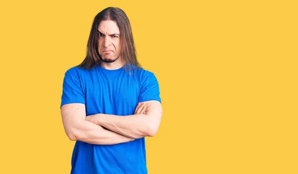 Young Adult Man Long Hair Wearing Swimwear Skeptic Nervous Disapproving — Stock Photo, Image