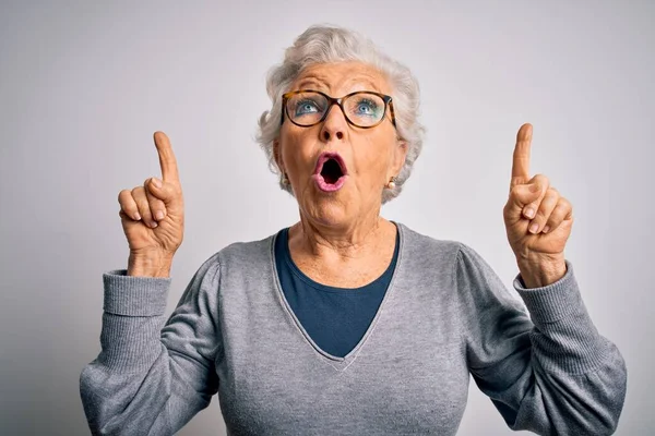 Senior Beautiful Grey Haired Woman Wearing Casual Sweater Glasses White — Stock Photo, Image