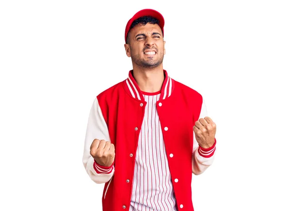 Young Hispanic Man Wearing Baseball Uniform Very Happy Excited Doing — Stock Photo, Image