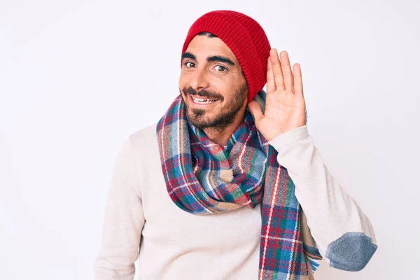 Handsome Young Man Curly Hair Bear Wearing Winter Sweater Scarf — Stock Photo, Image