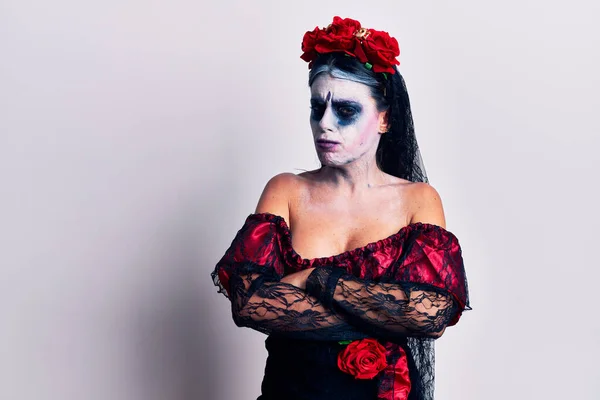 Young Woman Wearing Mexican Day Dead Makeup Skeptic Nervous Disapproving — Stock Photo, Image