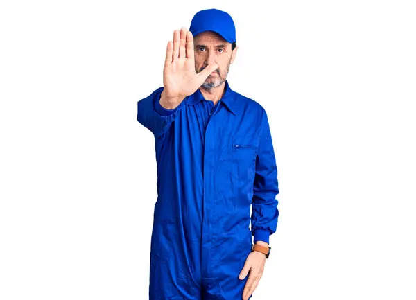 Middle Age Handsome Man Wearing Mechanic Uniform Doing Stop Sing — Stock Photo, Image