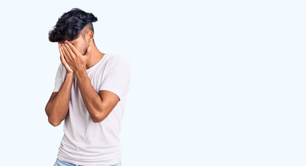 Young Hispanic Man Wearing Casual Clothes Sad Expression Covering Face — Stock Photo, Image