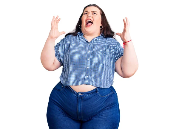 Young Size Woman Wearing Casual Clothes Crazy Mad Shouting Yelling — Stock Photo, Image