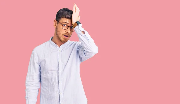 Handsome Young Man Bear Wearing Elegant Business Shirt Glasses Surprised — Stock Photo, Image