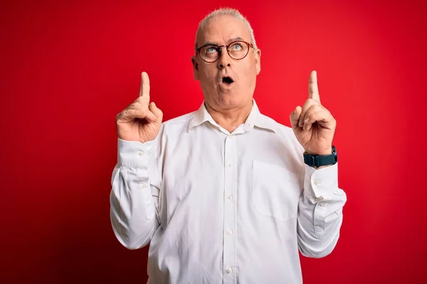 Middle Age Handsome Hoary Man Wearing Casual Shirt Glasses Red — Stock Photo, Image
