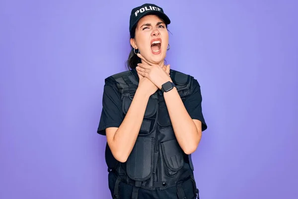 Young Police Woman Wearing Security Bulletproof Vest Uniform Purple Background — Stock Photo, Image