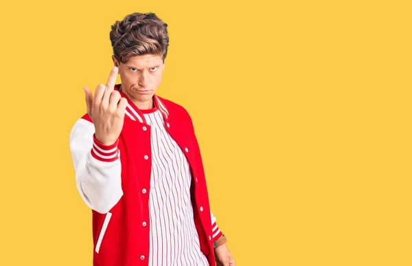 Young Handsome Man Wearing Baseball Uniform Showing Middle Finger Impolite — Stock fotografie