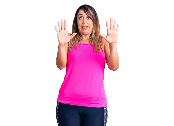 Young Beautiful Woman Wearing Sportswear Afraid Terrified Fear Expression Stop — Stock Photo, Image