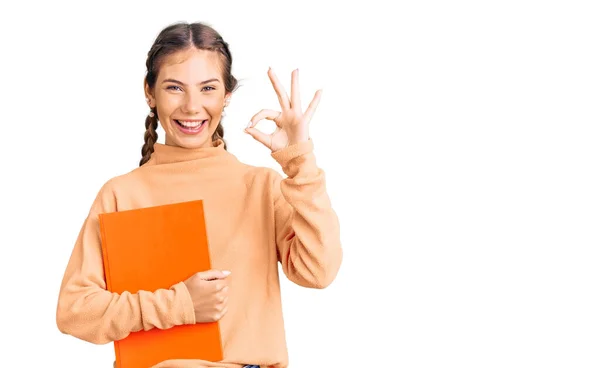 Beautiful Caucasian Woman Blonde Hair Holding Book Doing Sign Fingers — Stock Photo, Image