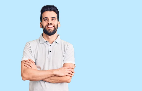 Joven Hombre Guapo Con Barba Llevando Polo Casual Cara Feliz —  Fotos de Stock