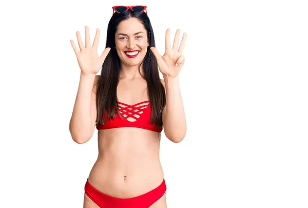 Young Beautiful Caucasian Woman Wearing Bikini Showing Pointing Fingers Number — Stock Photo, Image