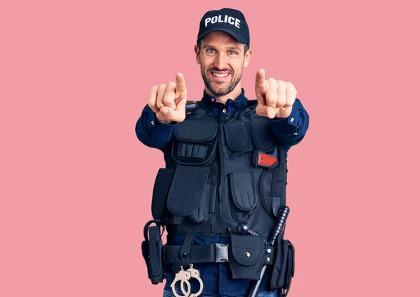 Young Handsome Man Wearing Police Uniform Pointing You Camera Fingers — Stock Photo, Image