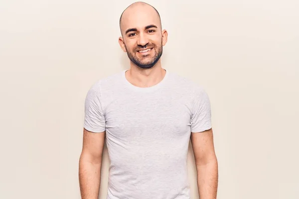 Young Handsome Bald Man Wearing Casual Shirt Happy Cool Smile — Stock Photo, Image