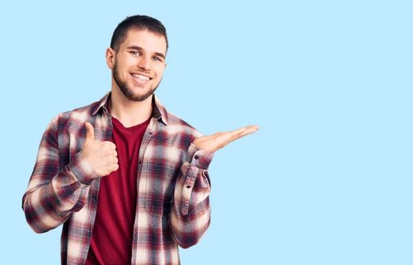Young Handsome Man Wearing Casual Shirt Showing Palm Hand Doing — Stock Photo, Image