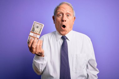 Mor arka planda 50 dolarlık banknotlar tutan yaşlı gri saçlı adam şaşırmış bir yüzle korkmuş ve korku ifadesinden heyecanlanmış.