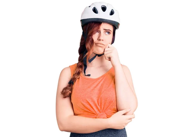 Young Beautiful Woman Wearing Bike Helmet Serious Face Thinking Question — Stock Photo, Image