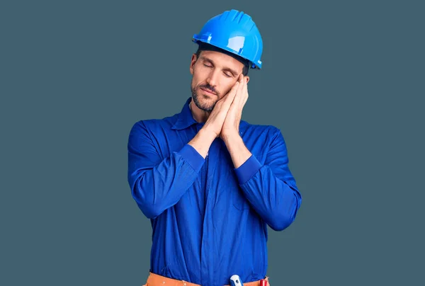 Young Handsome Man Wearing Worker Uniform Hardhat Sleeping Tired Dreaming — Stock Photo, Image