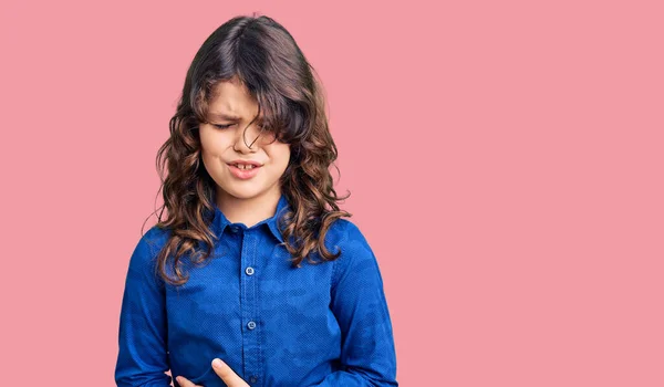 Cute Child Long Hair Wearing Casual Clothes Hand Stomach Because — Stock Photo, Image