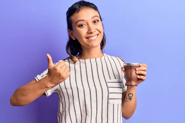 Young Woman Drinking Mate Infusion Smiling Happy Positive Thumb Doing — Stock Photo, Image