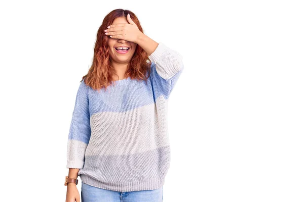 Young Latin Woman Wearing Casual Clothes Smiling Laughing Hand Face — Stock Photo, Image