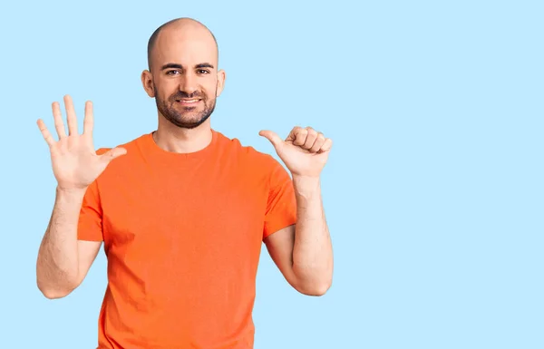 Young Handsome Man Wering Casual Shirt Showing Pointing Fingers Number — Stock Photo, Image