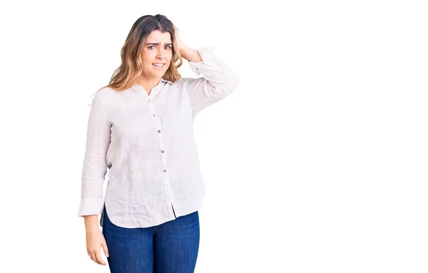 Young Caucasian Woman Wearing Casual Clothes Confuse Wonder Question Uncertain — Stock Photo, Image