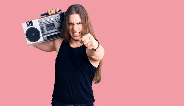 Young Adult Man Long Hair Wearing Black Clothes Holding Boombox — Stock Photo, Image