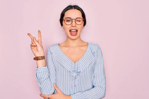 Young Beautiful Woman Wearing Casual Striped Shirt Glasses Pink Background — Stock Photo, Image