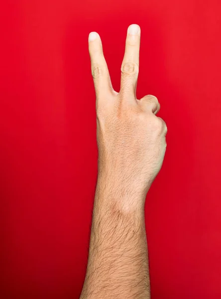 Beautiful Hand Man Showing Two Fingers Doing Victory Sign Isolated — Stock Photo, Image