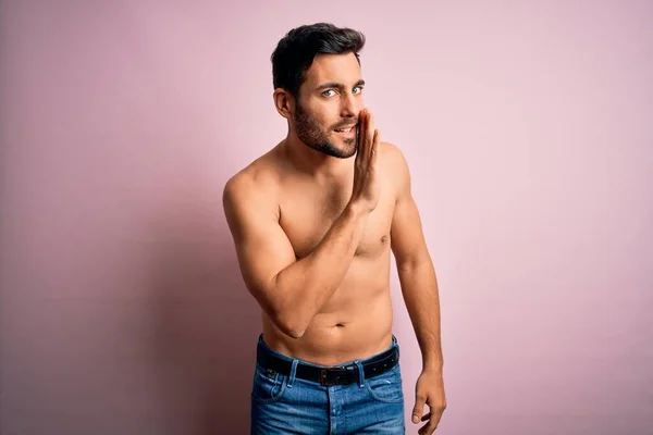 Young Handsome Strong Man Beard Shirtless Standing Isolated Pink Background — Stock Photo, Image