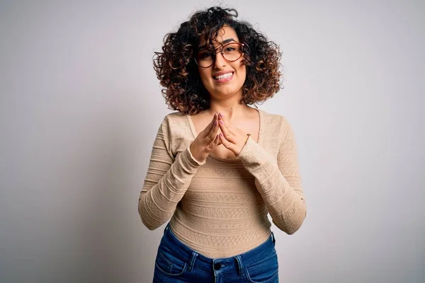 Young Beautiful Curly Arab Woman Wearing Casual Shirt Glasses White — Stock Photo, Image