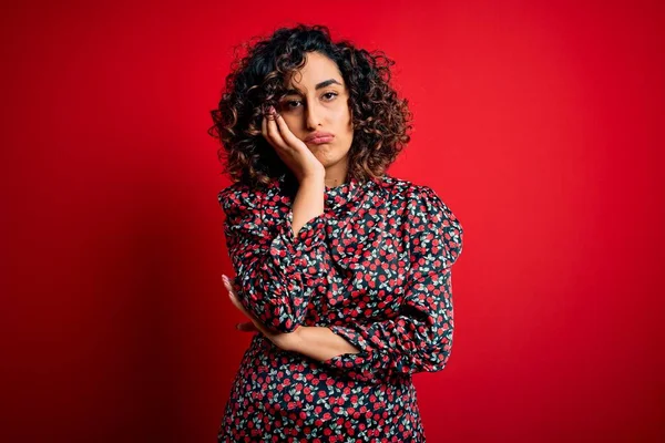 Young Beautiful Curly Arab Woman Wearing Casual Floral Dress Standing — Stock Photo, Image