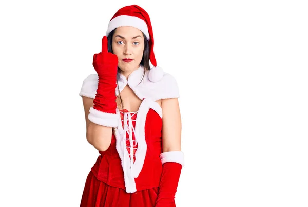 Young Beautiful Caucasian Woman Wearing Santa Claus Costume Showing Middle — Φωτογραφία Αρχείου