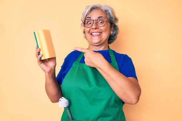 Sénior Hispânico Grisalho Mulher Cabelos Brancos Vestindo Avental Segurando Scourer — Fotografia de Stock