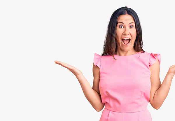 Young Beautiful Brunette Woman Wearing Casual Dress Celebrating Victory Happy — Stock Photo, Image